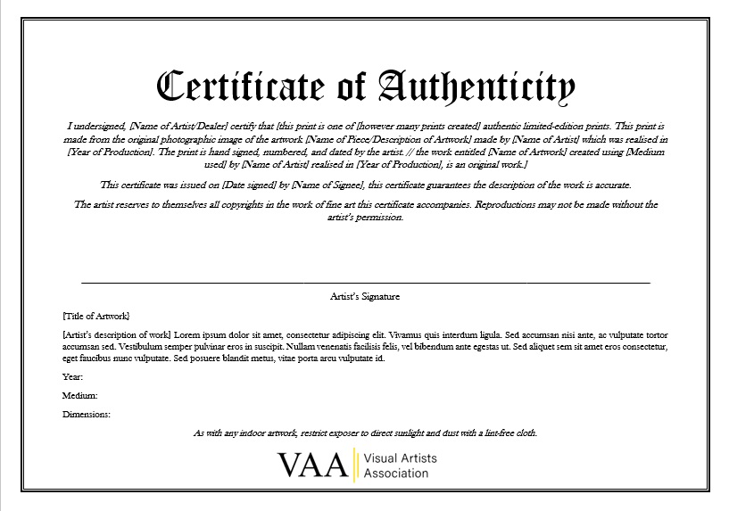 Certificate Of Authenticity Art Template