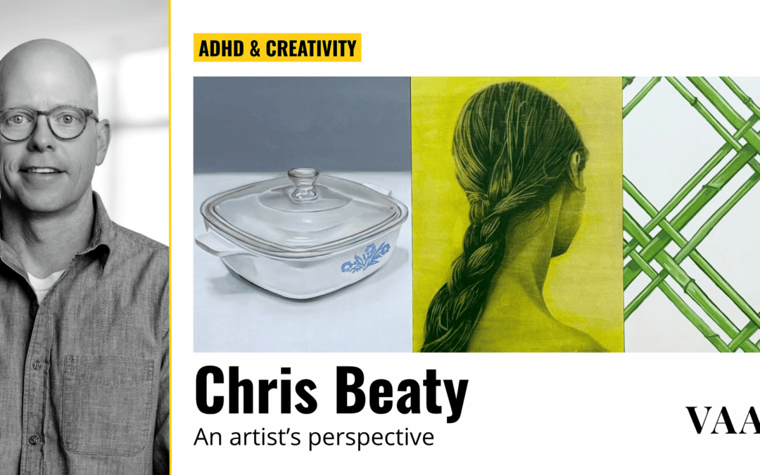 Cover photo of Chris alongside his artwork