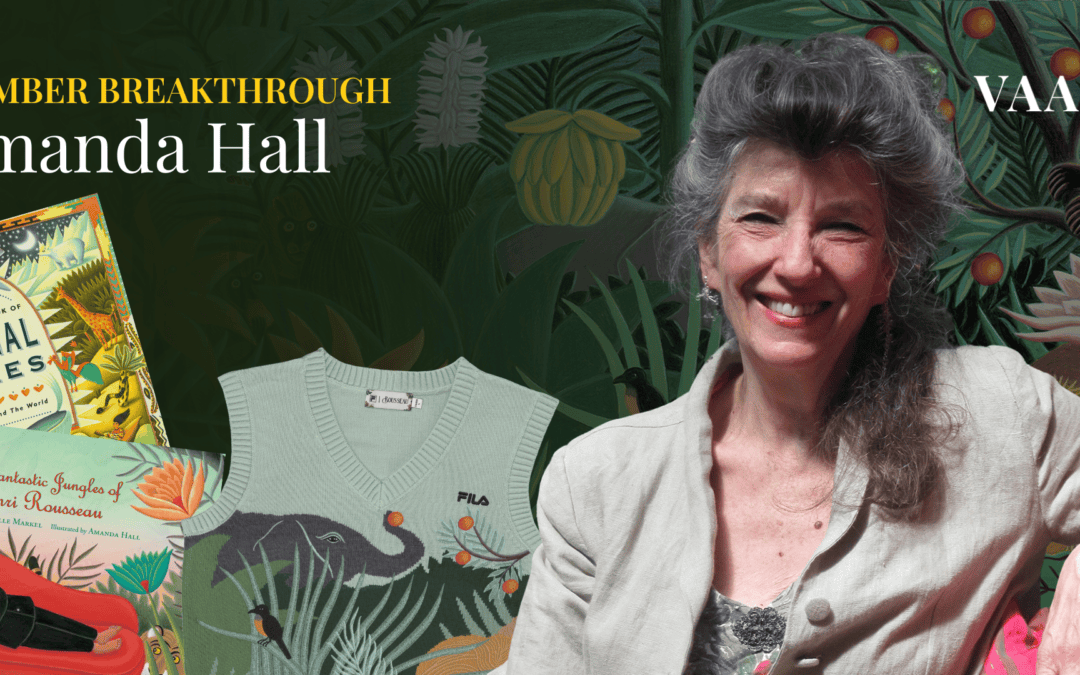 Breakthrough Artist feature on illustrator Amanda Hall, pictured alongside her illustrated books and FILA knitted vest featuring her artwork.