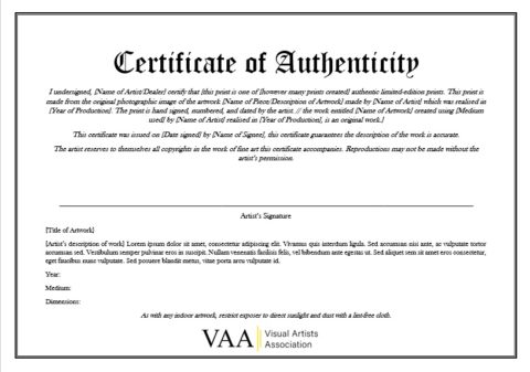 Certificate of Authenticity - Visual Artists Association